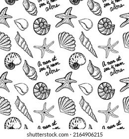 Seamless, hand-drawn sea creatures in sketch style. Seashells and starfish. Handwritten text. A man at sea is never alone. White background. Isolated. Summer. Ocean. Flat design. Vector illustration.