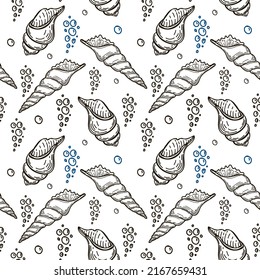 Seamless, hand-drawn sea creatures in sketch style. Seashells and bubbles. Monochrome palette. White background. Isolated. Summer. Ocean. Flat design. Vector illustration.