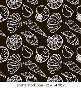 Seamless, hand-drawn sea creatures in sketch style. Silhouettes of sea shells. Black background. Isolated. Summer. Ocean. Flat design. Vector illustration.
