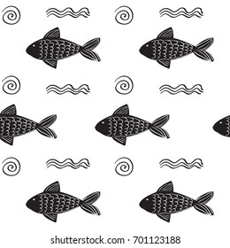 Seamless hand-drawn simple black and white pattern in scandinavian design style with fish, waves and shells. Vector illustration