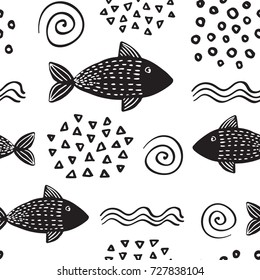 Seamless hand-drawn simple black and white pattern in scandinavian design style with fish, waves and shells. Vector illustration
