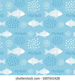 Seamless hand-drawn simple pattern in scandinavian design style on the blue color background with fish, waves and shells. Vector illustration
