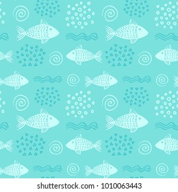 Seamless hand-drawn simple pattern in scandinavian design style on the mint color background with fish, waves and shells. Vector illustration
