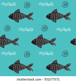 Seamless hand-drawn simple pattern in scandinavian design style with fish, waves and shells. Vector illustration
