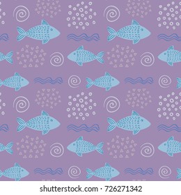 Seamless hand-drawn simple pattern in scandinavian design style on the violet background with fish, waves and shells. Vector illustration