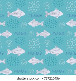 Seamless hand-drawn simple pattern in scandinavian design style on the mint color background with fish, waves and shells. Vector illustration