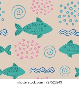 Seamless hand-drawn simple pattern in scandinavian design style on the beige background with fish, waves and shells. Vector illustration