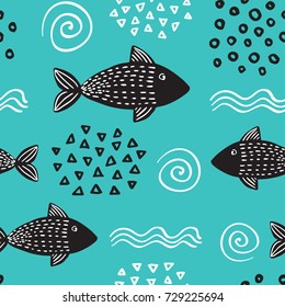 Seamless hand-drawn simple pattern in scandinavian design style on the mint color background with fish, waves and shells. Vector illustration