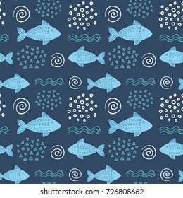 Seamless hand-drawn simple pattern in scandinavian design style on the dark blue background with fish, waves and shells. Vector illustration