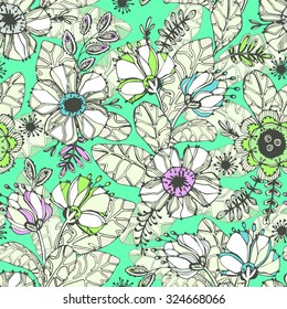 Seamless hand-drawn spring pattern. Fantasy lovely flowers and leaves. Can be used for wallpaper, pattern fills, web page background, surface textures. Soft pastel colors 