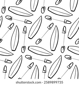 Seamless Hand-Drawn Summer Camp Pattern with Surfboards and Shovels – Black and White Outdoor Adventure Doodle Background for Prints and Designs