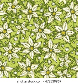 Seamless hand-drawn summer green pattern. Flowers stems and leaves. Can be used for wallpaper, pattern fills, web page background, surface textures. Style of children's drawings.