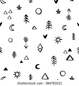 Seamless hand-drawn symbols pattern.Vector  design and decoration textile, covers, package, wrapping paper. Scandinavian style background pattern in vector .Hipster style