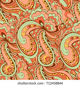 Seamless hand-drawn texture with floral and paisley motives. Perfect for wallpaper, wrapping paper or textile. Vector background.