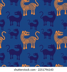 Seamless, Hand-drawn traditional ancient tribal folk art, India. Pictorial language depicting the rural life of the inhabitants of India. seamless pattern for textiles, wrapping paper, or backgrounds