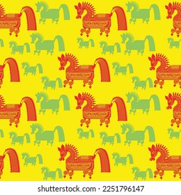 Seamless, Hand-drawn traditional ancient tribal folk art, India. Pictorial language depicting the rural life of the inhabitants of India. seamless pattern for textiles, wrapping paper, or backgrounds