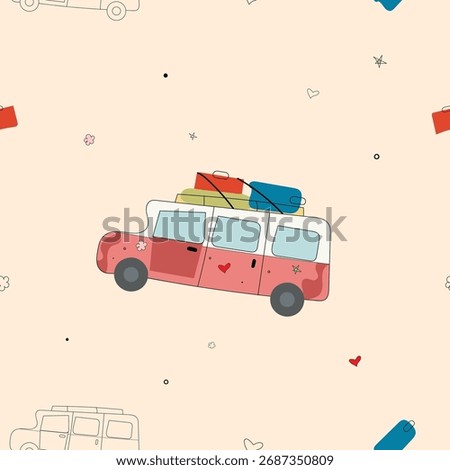 Seamless hand-drawn travel van pattern with luggage on a soft beige background. Simple doodle style with pastel accents. Ideal for road trip themes, fabric, wallpaper, gift wrap, and stationery. 