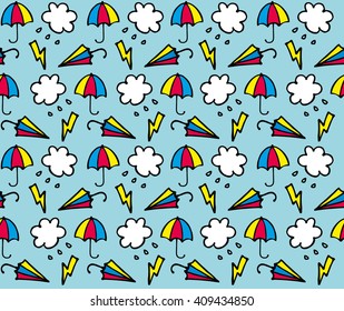 seamless hand-drawn umbrellas with rain. Vector Illustration