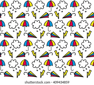 seamless hand-drawn umbrellas with rain. Vector Illustration