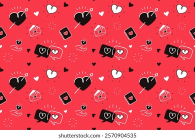 Seamless hand-drawn Valentine pattern featuring hearts, envelopes, and doodles for wallpapers, invitations, wrapping, greeting cards, scrapbooks, posters and creative projects. red romance background.