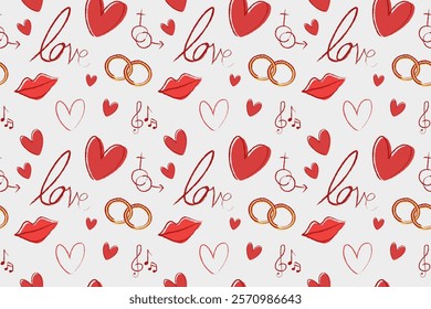 Seamless hand-drawn Valentine pattern featuring hearts, wedding ring for wallpapers, invitations, wrapping, greeting cards, textiles, scrapbooks, posters, and creative projects. red background.