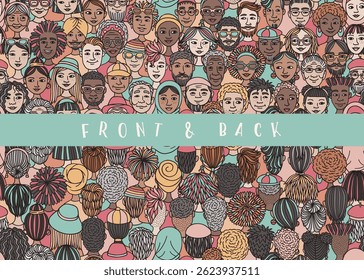 Seamless Hand-Drawn Vector Banner of Diverse Doodle Faces – Front and Back Crowd Illustration