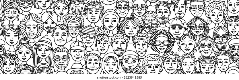 Seamless Hand-Drawn Vector Banner of Diverse Doodle Faces - Black and White