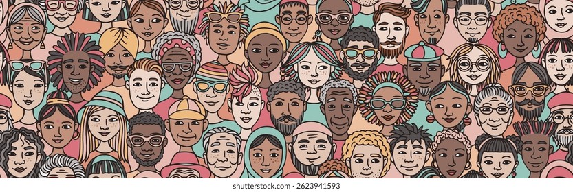 Anuncio de Vector dibujado a mano sin fisuras de diversas caras Doodle