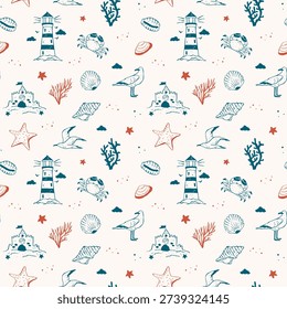 Seamless hand-drawn vector coastal beach pattern in doodle style with lighthouse, sandcastles, marine life, starfish, and summer seaside elements. Fun whimsical design