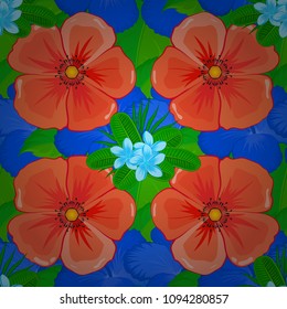 Seamless hand-drawn vector cosmos flower pattern in blue, green and orange colors.