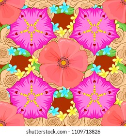 Seamless hand-drawn vector cosmos flower pattern in magenta, pink and beige colors.