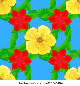 Seamless hand-drawn vector cosmos flower pattern on a blue background.