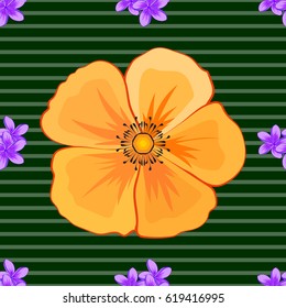 Seamless hand-drawn vector cosmos flower pattern on a green background.