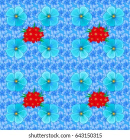 Seamless hand-drawn vector cosmos flower pattern on a blue background.