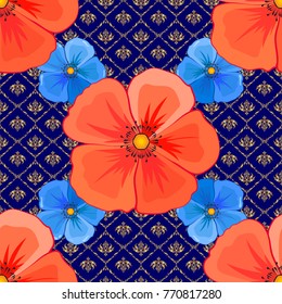 Seamless hand-drawn vector cosmos flower pattern in orange, red and blue colors.