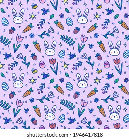 
seamless hand-drawn vector easter pattern with bunny carrot flowers and berries on violet background 