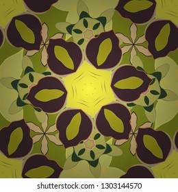 Seamless hand-drawn vector flower pattern in brown, beige and yellow colors.