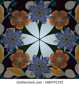 Seamless hand-drawn vector flower pattern in gray, blue and violet colors.