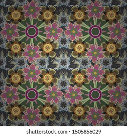 Seamless hand-drawn vector flower pattern in green, pink and gray colors.