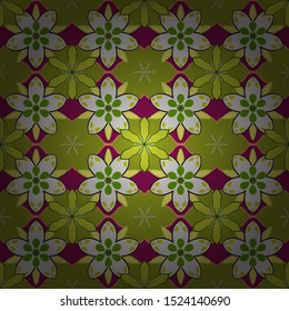 Seamless hand-drawn vector flower pattern in purple, yellow and green colors.