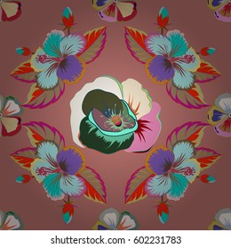 Seamless hand-drawn vector flower pattern in pink and blue colors.