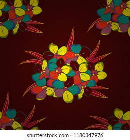 Seamless hand-drawn vector forget-me-not flower pattern in yellow, brown and red colors.