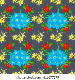 Seamless hand-drawn vector forget-me-not flower pattern on a gray background.