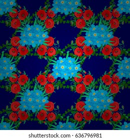 Seamless hand-drawn vector forget-me-not flower pattern on a blue background.
