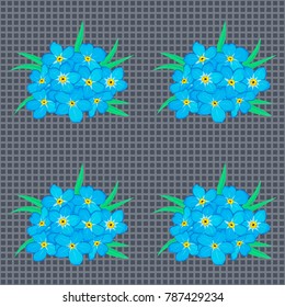Seamless hand-drawn vector forget-me-not flower pattern in green and blue colors.