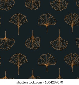 Seamless hand-drawn vector ginkgo pattern. Gold and yellow leaves on black background. Ornament for packaging, wrapping, wallpaper