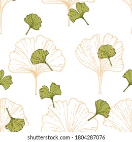 Seamless hand-drawn vector ginkgo pattern. Gold yellow and green leaves on white background. Ornament for packaging, wrapping, wallpaper