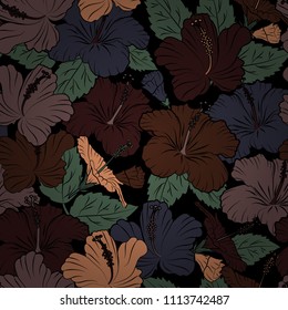 Seamless hand-drawn vector hibiscus flower pattern in gray, brown and black colors.