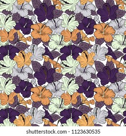 Seamless hand-drawn vector hibiscus flower pattern in violet and gray colors.