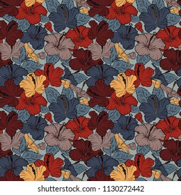 Seamless hand-drawn vector hibiscus flower pattern in brown, red and blue colors.